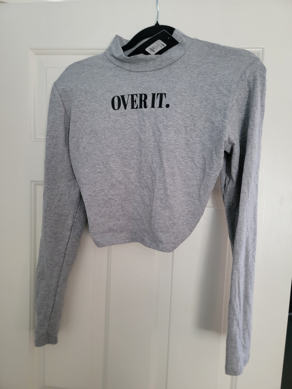 Fashion Nova Grey Cropped Mock Neck Long Sleeve Top with OVER IT. Print